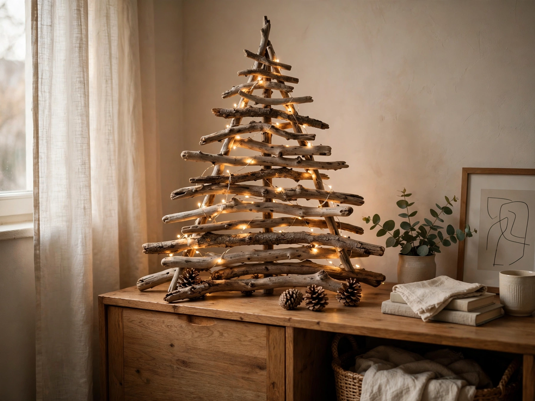 driftwood christmas tree on a wooden sideboard with pinecones
