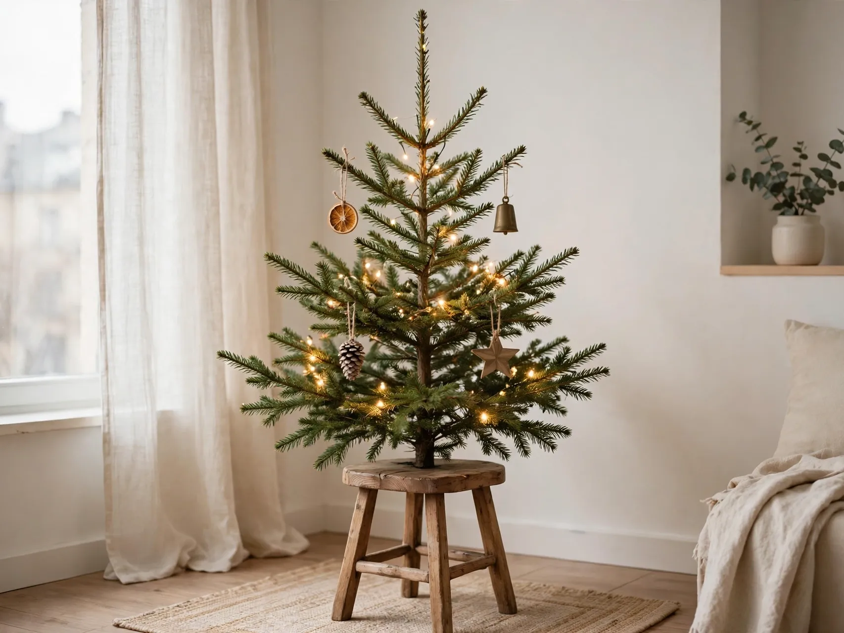 minimalist small christmas tree with few simple ornaments