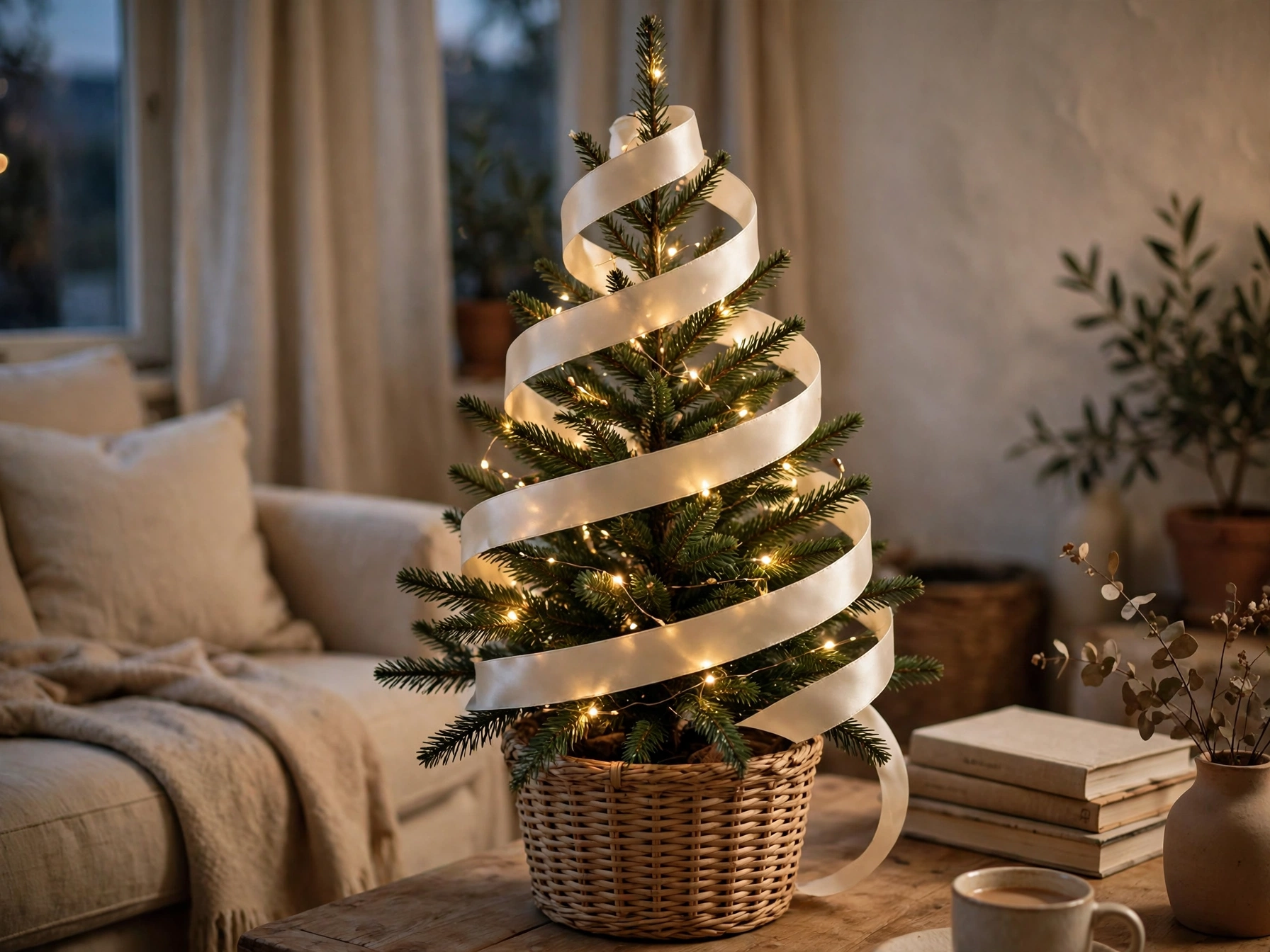 small christmas tree decorated with cream satin ribbon only