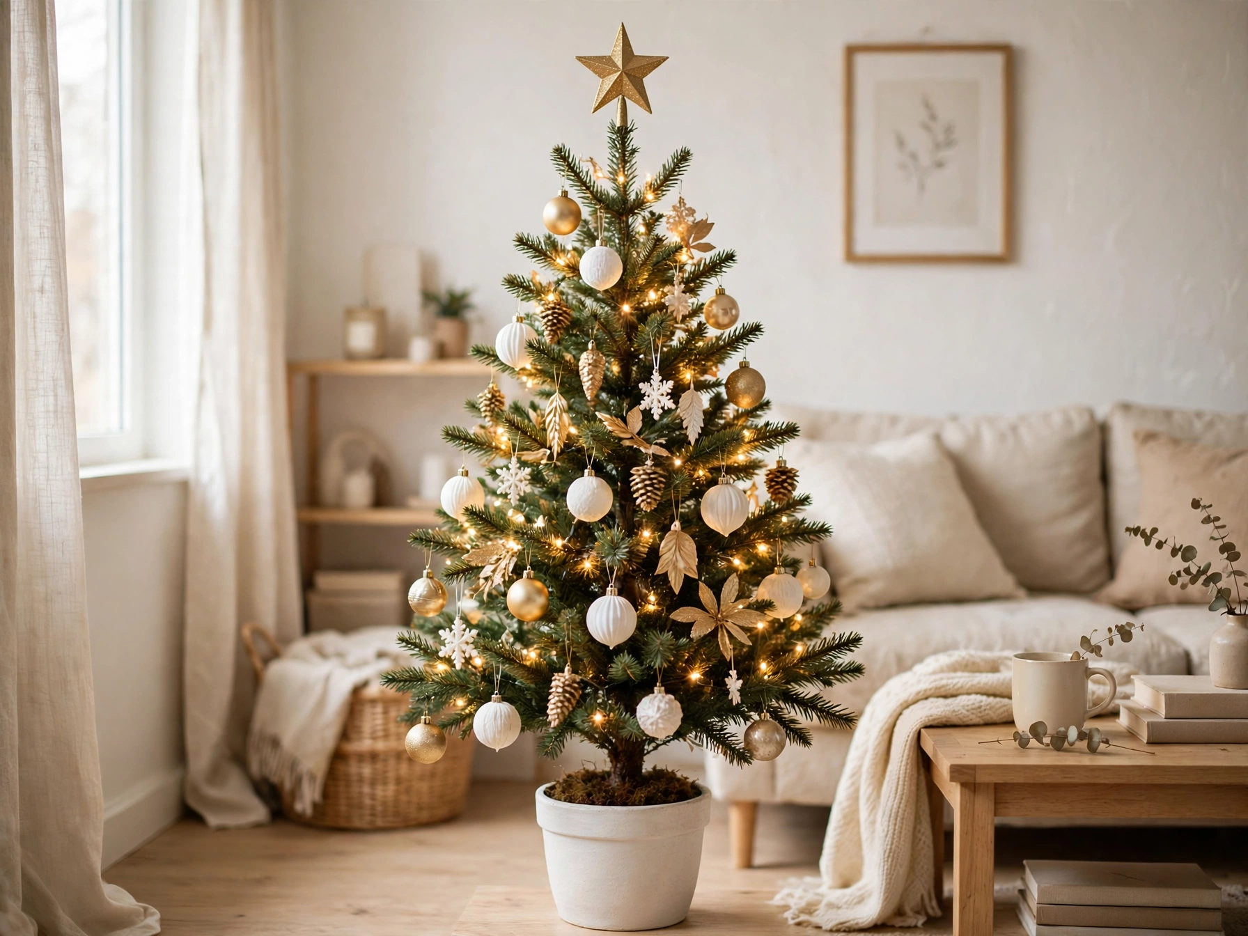 small christmas tree in white and gold ornaments