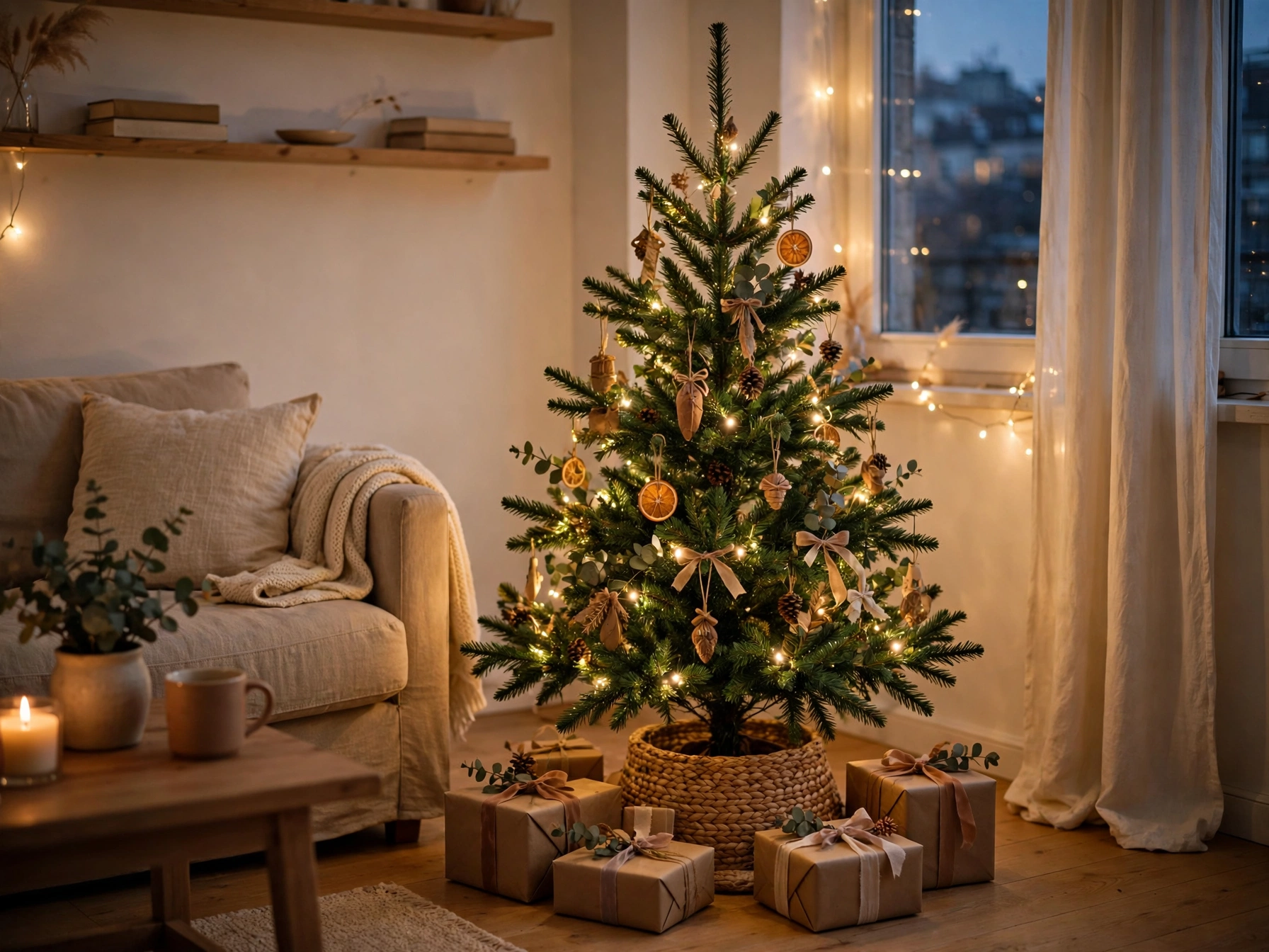 small christmas tree with kraft wrapped gifts on a woven skirt